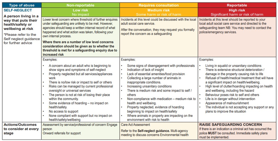 A table used to identify the level of risk or harm to an adult