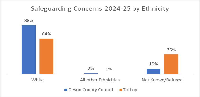 A chart to show the ethnicity of the individuals who had underwent a safeguarding enquiry in Devon and Torbay in 2024-25